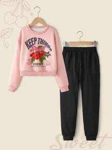 Tween Girl Solid Color Crew Neck Top And Pants 2Pcs Set, Casual And Fashionable For Daily Wear - Black and White - View 1