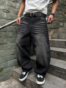 Manfinity Homme Men's Loose Fit Wide Leg Pockets Jeans