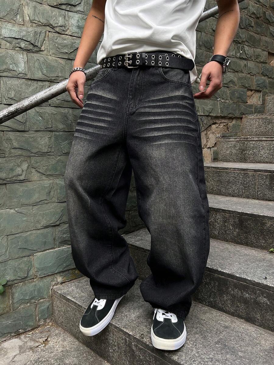 Manfinity Homme Men's Loose Fit Wide Leg Pockets Jeans