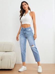SHEIN Essnce Casual Washed Distressed Tapered Leg Jeans