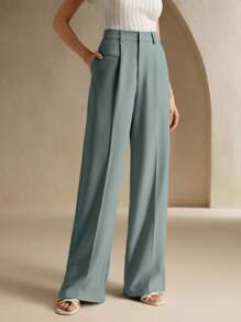 Anewsta 纯色时尚优雅现代女式直筒西装裤，适合度假和新年 - 藍色 - 查看 1