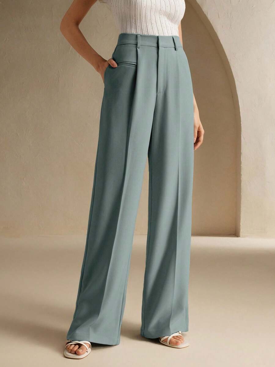 Anewsta 纯色时尚优雅现代女式直筒西装裤，适合度假和新年 - 藍色 - 查看 1