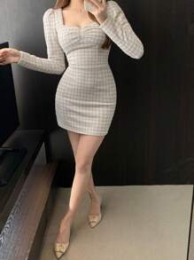 DAZY 女士修身格子泡泡袖迷你甜心领派对连衣裙，秋季连衣裙长袖连衣裙