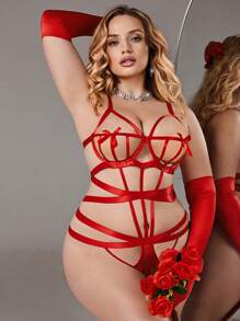 Plus Size Valentine's Day Gift, Binding Restriction Slimming Cutout Bow Underwire Uplifting Hollowed-Out Criss-Cross Red Adjustable Lingerie