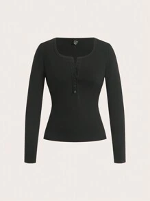 SHEIN EZwear 女士长袖合身前扣基本款上衣，休闲日常穿着 - 彩色 - 查看 8