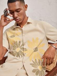 AKNOTIC Business Casual 2 Stücke Herren Floral Muster Locker Sitzende Lässig Hemd Set, in Khaki, geeignet für den täglichen Gebrauch und Urlaub, Frühling/Sommer - Khaki - Übersicht 1