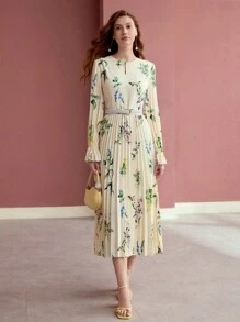 MOTF PREMIUM FLORAL PRINT PLEATED DRESS, LONG SLEEVES, ELEGANT STYLE,SPRING/SUMMER