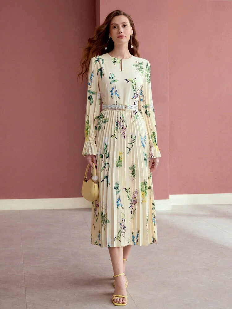 FLORAL PRINT PLEATED DRESS, LONG SLEEVES, ELEGANT STYLE,SPRING/SUMMER