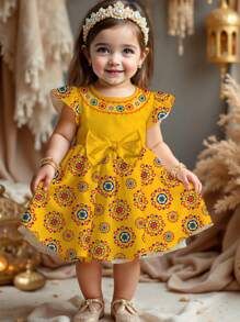 SHEIN Gaun Lengan Panjang Motif Kartun Bunga dengan Pita Manis untuk Bayi Perempuan, Bergaya untuk Musim Gugur/Musim Dingin - MultiWarna - View 1