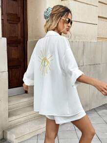 2pcs Women's Casual & Resort Eye Pattern Shirt & Shorts Set