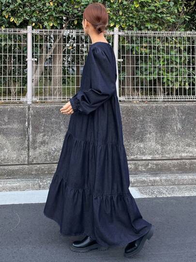 FRIFUL Women's Long Dark Wash Denim Dress With Puff Sleeves,Fall Clothes