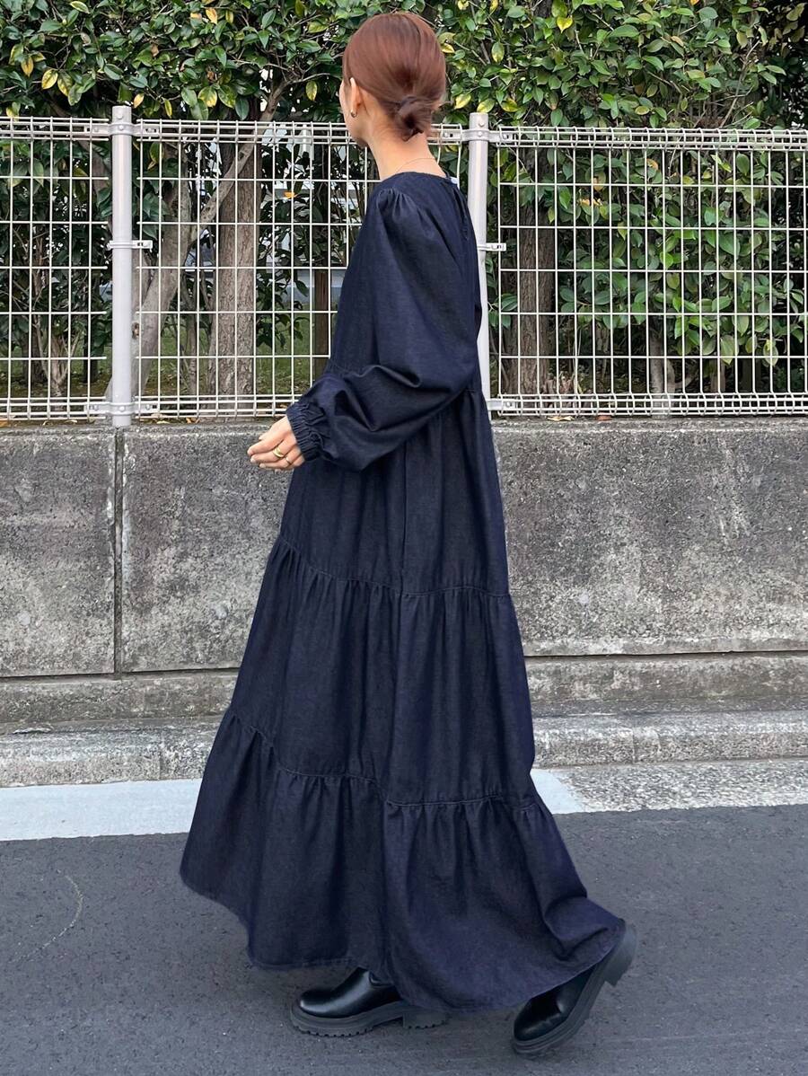 FRIFUL 女式长款深色水洗泡泡袖牛仔连衣裙，秋季服装 - 深色水洗藍 - 查看 1