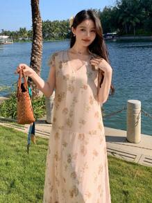 DAZY Plant Print A-Line Mini Dress With V-Neck And Flared Hem, Casual Vacation Style - Beige - View 4