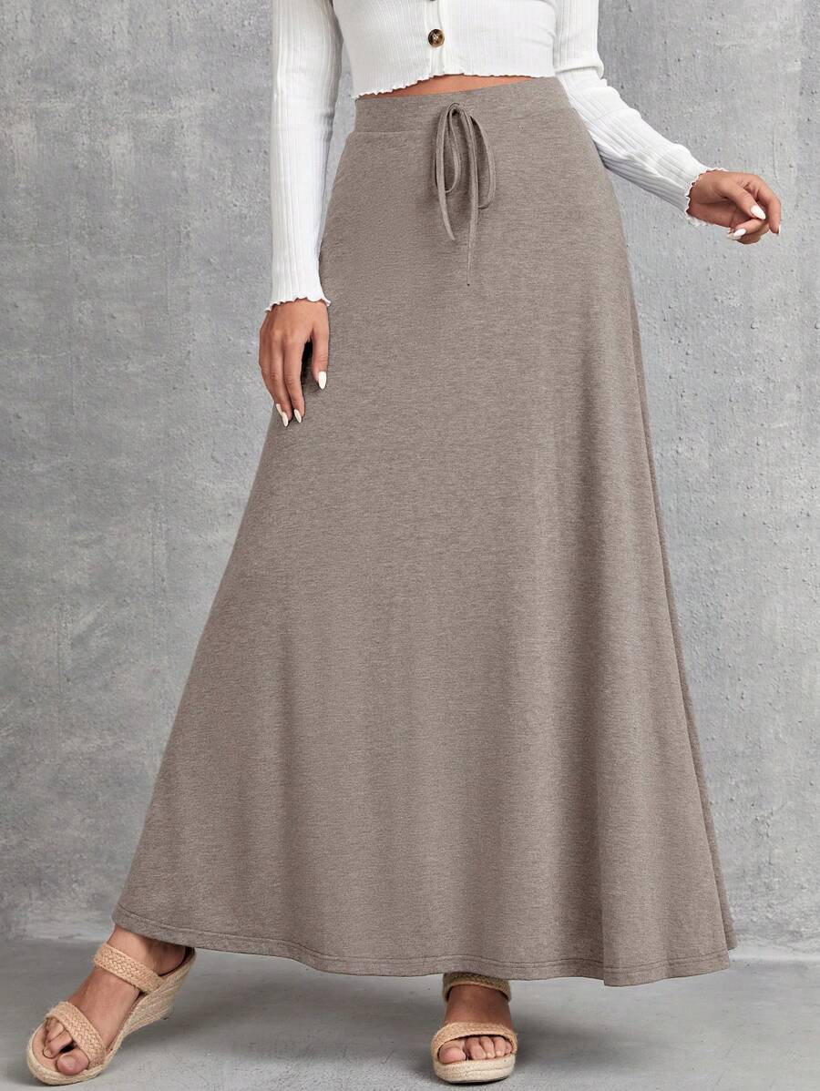 EMERY ROSE Women Solid Color Tie-Waist Long Casual Skirt - Khaki - View 1