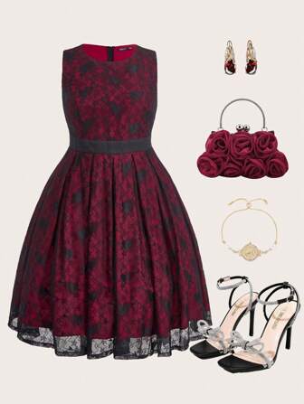 Ellevyn Valentine's Day Elegant Plus Size Women Crew Neck Sleeveless Lace Dress, Going Out Outfit