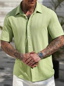 Manfinity CasualCool Men's Solid Button Down Casual Solid Color Short Sleeve Lapel Shirt, Daily Wear, Suitable For Going Out