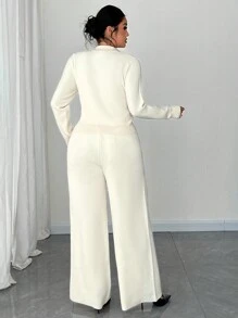 Flirla Plus Size Women French V-Neck Long Sleeve Knit Sweater Set - Apricot - View 2