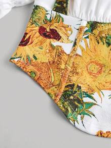 SHEIN MOD Retro Sunflower Print Collared Puff Sleeve Waist Tie Shirt,Van Gogh "Sunflower" Print Women's Shirt, Art Series,Shirt For Women Elegant