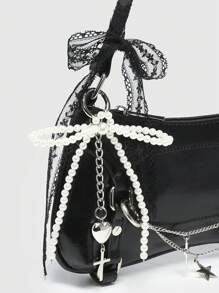 ROMWE Kawaii Túi đeo vai/đeo chéo kiểu dáng cổ điển dành cho nữ, trang trí nơ và dây xích đính ngọc trai giả, túi vintage. - màu đen - Xem 3