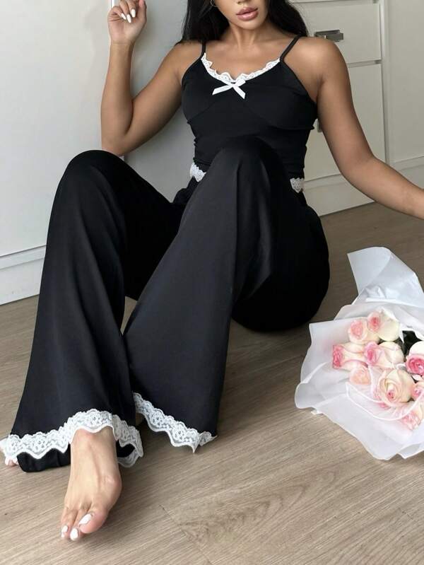 Y2K Style Women Lace Trim Camisole And Shorts Pajama Set