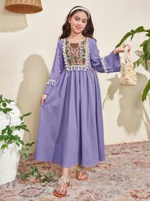 SHEIN Tween Girls' Elegant Ruffled Round Neck Puff Sleeve Asymmetrical Split Hem Dress - Dusty Purple - View 5