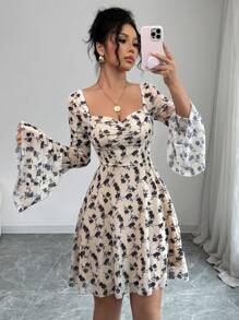 Elenzga New Women Flare Sleeve Fitted Short Knitted Mesh Print Dress With Back Tie, Vacation Festival Western Style Casual Elegant Slim Fit Young Lady Dress Fall Cloth For Women - Multicolor - View 2