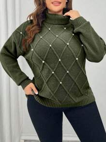 SHEIN Unity Plus Size Women Turtleneck Sweater, Rhombus Plaid Beaded Casual Pullover For Autumn/Winter - Army Green - View 4
