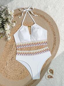 SHEIN Swim 2 件装春假纯色罗纹布肩带装饰简约清新泳衣套装 - 白色 - 查看 5