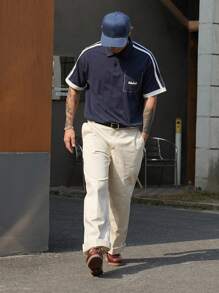 DAZY Camiseta polo de hombre de verano con bloqueo de color y estampado de letras, color marino - Azul Marino - Ver 2