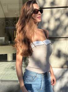 Pariaura Fashionable Sexy Open Shoulder Slim Fit Bandeau Top - Khaki - View 1