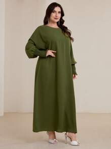 Graceveil Plus Size Women Solid Color Bat Sleeve Casual Arab Style Long Dress Modest - Green - View 4