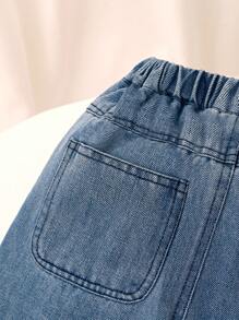 SHEIN Vintaside Kids 年轻女孩蓝色水洗宽松直筒牛仔裤，前围闭合设计，休闲时尚，适合日常穿着 - 淺色水洗藍 - 查看 3