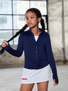 SHEIN Áo khoác thể thao dài tay bó sát màu trơn cho bé gái tuổi mới lớn, thường ngày/mặc ở nhà - Màu xanh hải quân - Xem 7