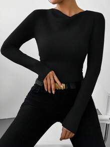 RosyDaze 纯色高领褶皱紧身长袖黑色连身衣