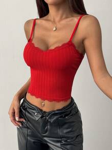 SHEIN Unity Áo hai dây viền ren đỏ mới, kiểu dáng ôm vừa vặn, áo ngày lễ tình nhân - Đỏ - Xem 5