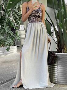 SHEIN Essnce Women's Leopard Print Spaghetti Strap Layered Maxi Dress, Resort Goddess Style For Spring/Summer - Multicolor - View 6