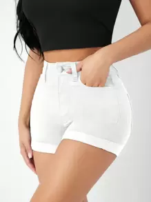 SHEIN PETITE Jednokolorowe, casualowe szorty jeansowe, modne i minimalistyczne do codziennego noszenia