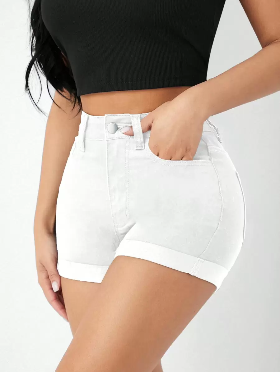 SHEIN PETITE Jednokolorowe, casualowe szorty jeansowe, modne i minimalistyczne do codziennego noszenia