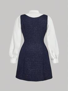 SHEIN MOD Plus Size Women Collared Long Sleeve Patchwork Short Dress - Navy Blue - View 2