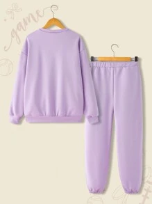 青少年女孩两件套，包括休闲字母和足球印花运动衫和松紧腰裤，秋冬 - 紫色 - 查看 2