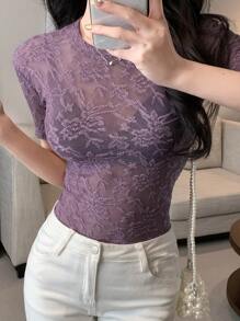 DAZY 女士花卉蕾丝圆领短袖修身 T 恤