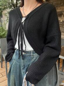 FRIFUL Women's Black Cropped Cardigan With Tie, Spring,Fall Clothes