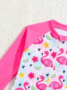 SHEIN Young Girls Flamingo Print Long Sleeve One-Piece Swimsuit With Zipper  Beachwear Summer Holiday - Multicolor - View 4