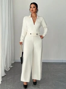 Flirla Plus Size Women French V-Neck Long Sleeve Knit Sweater Set - Apricot - View 1