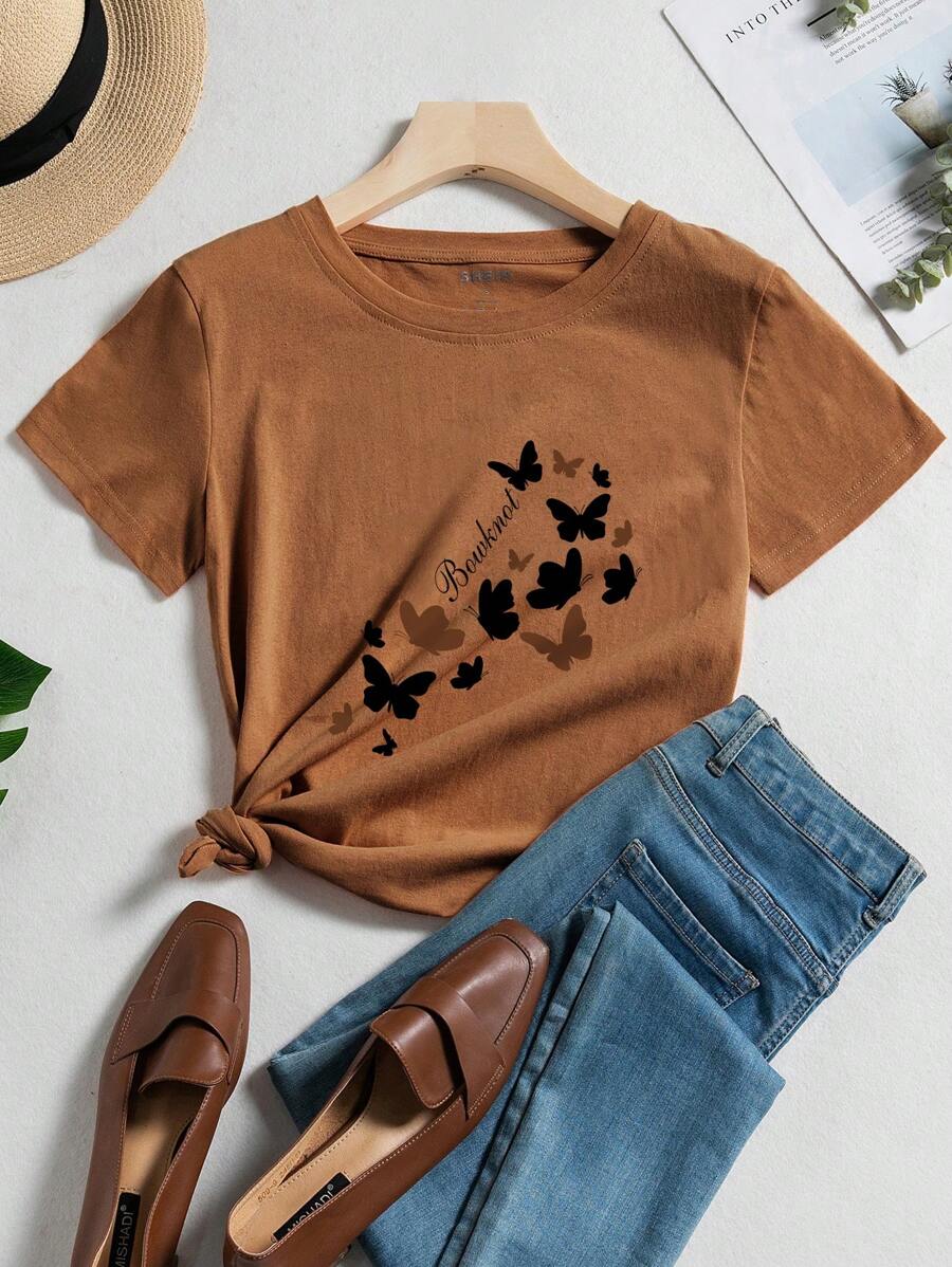 INAWLY Áo thun nữ Lá thư Loại bướm Giải trí - màu nâu - Xem 1