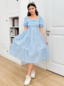 SHEIN 少女蓝色格子泡泡袖中长款可爱甜美连衣裙、学院风连衣裙、度假风连衣裙 - 藍白色 - 查看 3