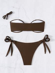 Swim SXY Summer Women's Solid Color Sexy Metal Strap Side-Tie Bikini Set - Coffee Brown - View 8