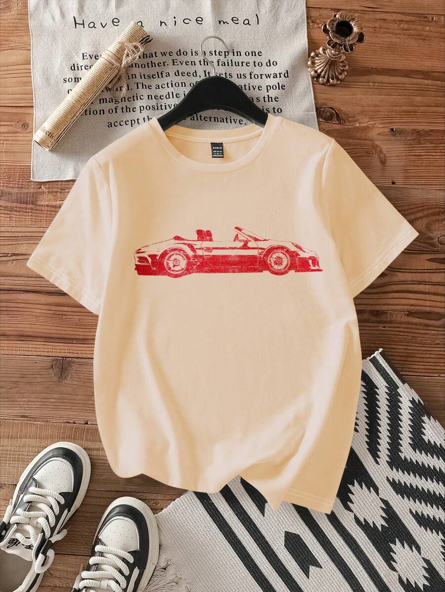 SHEIN EZwear Vintage Car Graphic Casual Loose Round Neck Short Sleeve Women T-Shirt, Suitable For Summer