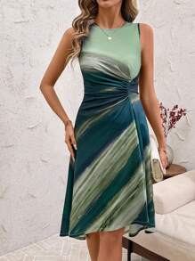 Ellevyn 女士优雅扎染条纹腰部褶饰中长款 A 字形无袖连衣裙 - 彩色 - 查看 7