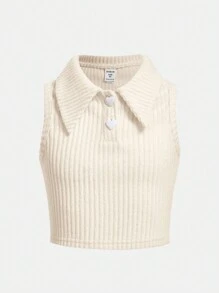 SHEIN Girlism Blusa sin mangas de punto acanalado con cuello elegante y botón en forma de corazón para niñas preadolescentes